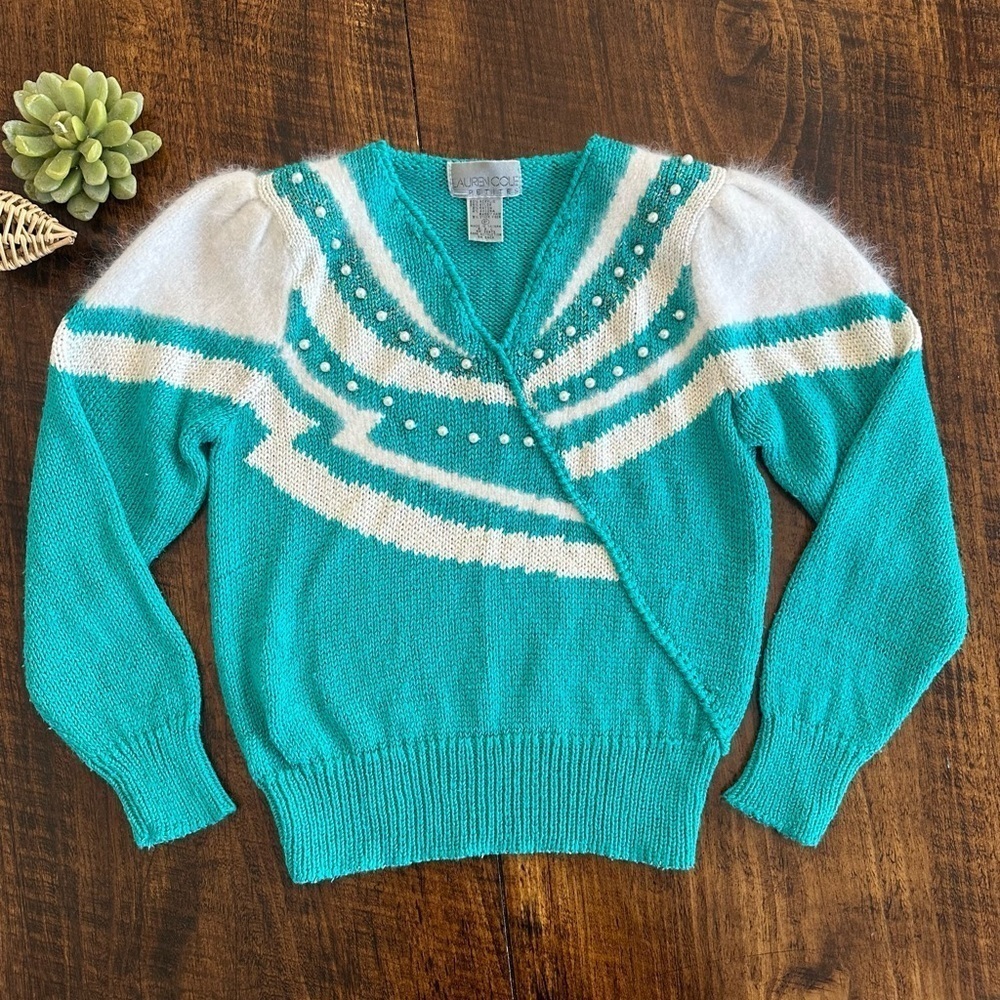 Lauren Cole | 80s Teal & White Angora Embellished Sweater